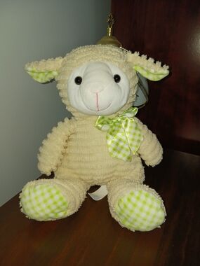 Hug Fun Adorable Cream Lamb Plush with Corduroy Fur and Green Checkered Accents